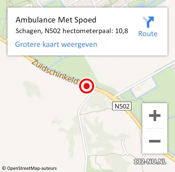 Locatie op kaart van de 112 melding: Ambulance Met Spoed Naar Schagen, N502 hectometerpaal: 10,8 op 30 januari 2023 05:57