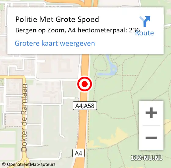 Locatie op kaart van de 112 melding: Politie Met Grote Spoed Naar Bergen op Zoom, A4 hectometerpaal: 236 op 30 januari 2023 06:08