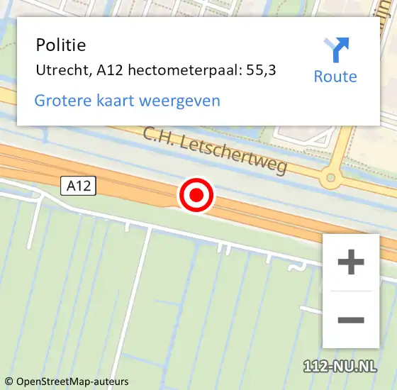 Locatie op kaart van de 112 melding: Politie Utrecht, A12 hectometerpaal: 55,3 op 30 januari 2023 07:17