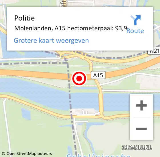 Locatie op kaart van de 112 melding: Politie Molenlanden, A15 hectometerpaal: 93,9 op 30 januari 2023 08:16