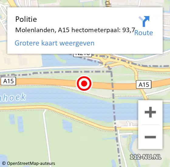 Locatie op kaart van de 112 melding: Politie Molenlanden, A15 hectometerpaal: 93,7 op 30 januari 2023 08:16