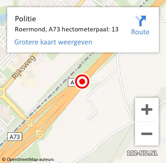 Locatie op kaart van de 112 melding: Politie Roermond, A73 hectometerpaal: 13 op 30 januari 2023 08:31