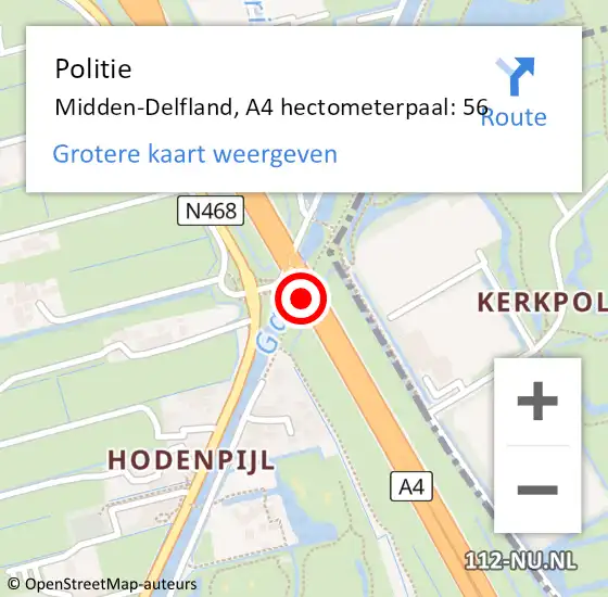 Locatie op kaart van de 112 melding: Politie Midden-Delfland, A4 hectometerpaal: 56 op 30 januari 2023 09:44