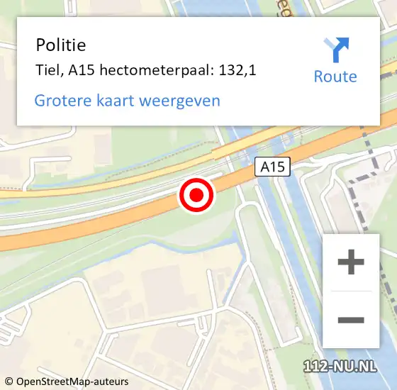 Locatie op kaart van de 112 melding: Politie Tiel, A15 hectometerpaal: 132,1 op 30 januari 2023 11:13