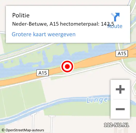 Locatie op kaart van de 112 melding: Politie Neder-Betuwe, A15 hectometerpaal: 142,5 op 30 januari 2023 11:40