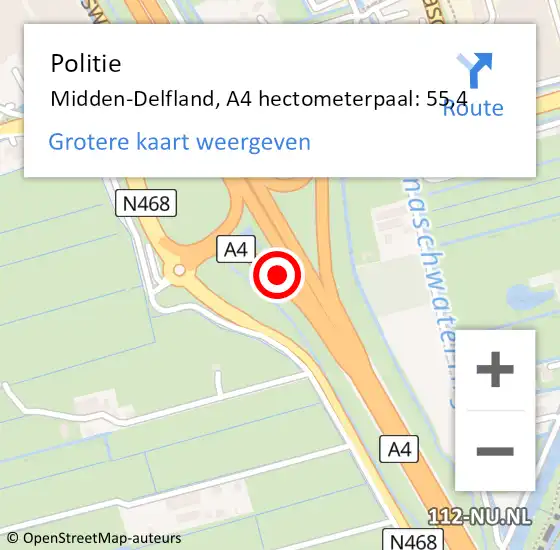 Locatie op kaart van de 112 melding: Politie Midden-Delfland, A4 hectometerpaal: 55,4 op 30 januari 2023 13:37