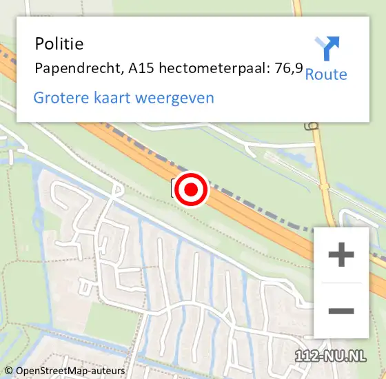 Locatie op kaart van de 112 melding: Politie Papendrecht, A15 hectometerpaal: 76,9 op 30 januari 2023 13:48