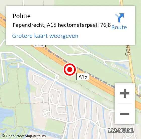 Locatie op kaart van de 112 melding: Politie Papendrecht, A15 hectometerpaal: 76,8 op 30 januari 2023 13:49