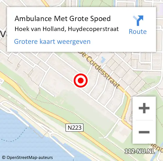 Locatie op kaart van de 112 melding: Ambulance Met Grote Spoed Naar Hoek van Holland, Huydecoperstraat op 30 januari 2023 14:14