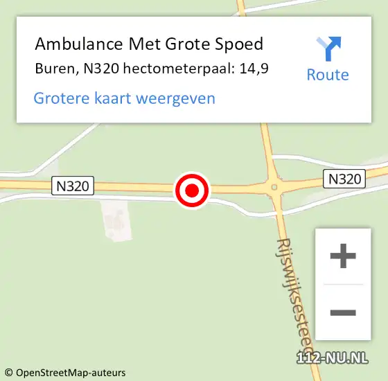 Locatie op kaart van de 112 melding: Ambulance Met Grote Spoed Naar Buren, N320 hectometerpaal: 14,9 op 30 januari 2023 15:42