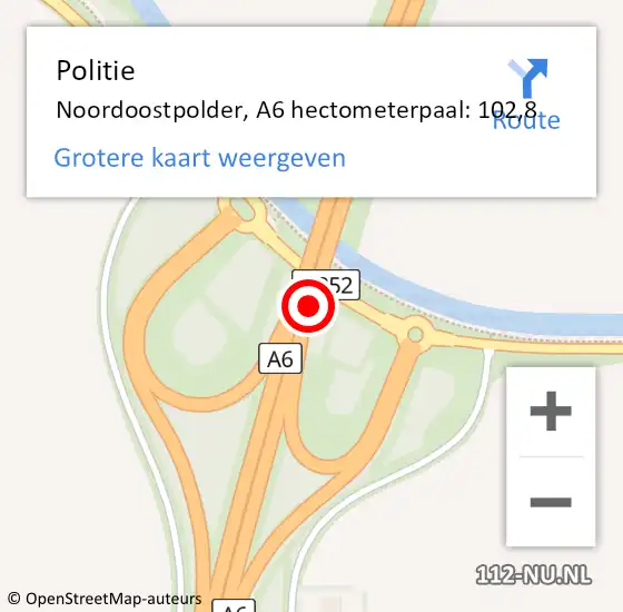Locatie op kaart van de 112 melding: Politie Noordoostpolder, A6 hectometerpaal: 102,8 op 30 januari 2023 16:49
