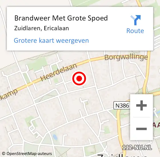 Locatie op kaart van de 112 melding: Brandweer Met Grote Spoed Naar Zuidlaren, Ericalaan op 30 januari 2023 19:08