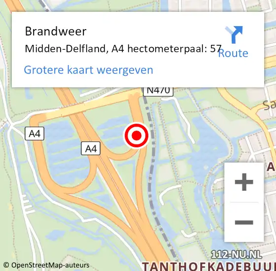 Locatie op kaart van de 112 melding: Brandweer Midden-Delfland, A4 hectometerpaal: 57 op 30 januari 2023 19:46