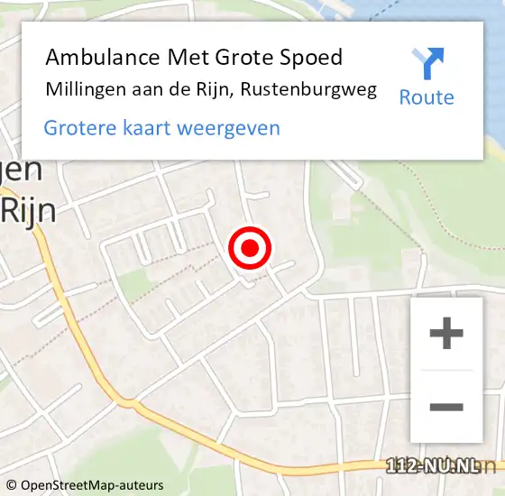 Locatie op kaart van de 112 melding: Ambulance Met Grote Spoed Naar Millingen aan de Rijn, Rustenburgweg op 30 januari 2023 20:36