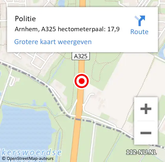 Locatie op kaart van de 112 melding: Politie Overbetuwe, A325 hectometerpaal: 17,9 op 30 januari 2023 22:41