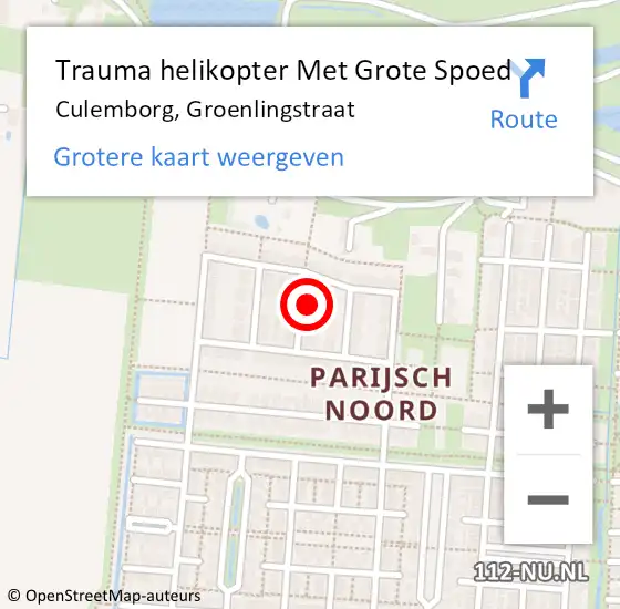 Locatie op kaart van de 112 melding: Trauma helikopter Met Grote Spoed Naar Culemborg, Groenlingstraat op 30 januari 2023 22:46
