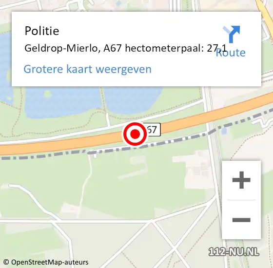 Locatie op kaart van de 112 melding: Politie Geldrop-Mierlo, A67 hectometerpaal: 27,1 op 30 januari 2023 23:37