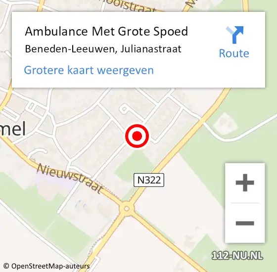 Locatie op kaart van de 112 melding: Ambulance Met Grote Spoed Naar Beneden-Leeuwen, Julianastraat op 31 januari 2023 14:21