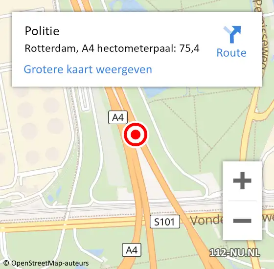 Locatie op kaart van de 112 melding: Politie Rotterdam, A4 hectometerpaal: 75,4 op 31 januari 2023 14:35