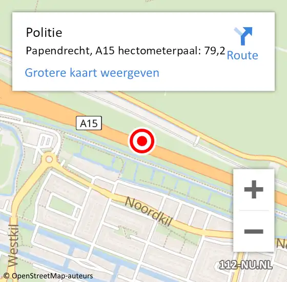 Locatie op kaart van de 112 melding: Politie Papendrecht, A15 hectometerpaal: 79,2 op 31 januari 2023 16:11