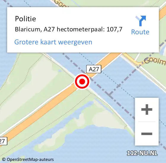 Locatie op kaart van de 112 melding: Politie Blaricum, A27 hectometerpaal: 107,7 op 31 januari 2023 17:49