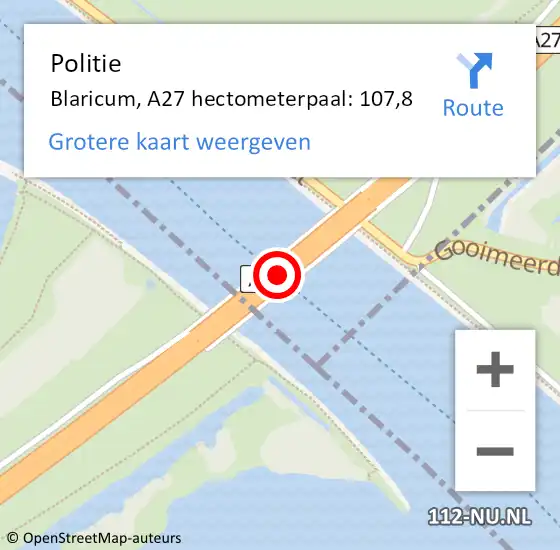 Locatie op kaart van de 112 melding: Politie Blaricum, A27 hectometerpaal: 107,8 op 31 januari 2023 17:49