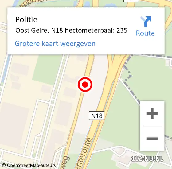 Locatie op kaart van de 112 melding: Politie Oost Gelre, N18 hectometerpaal: 235 op 31 januari 2023 18:01