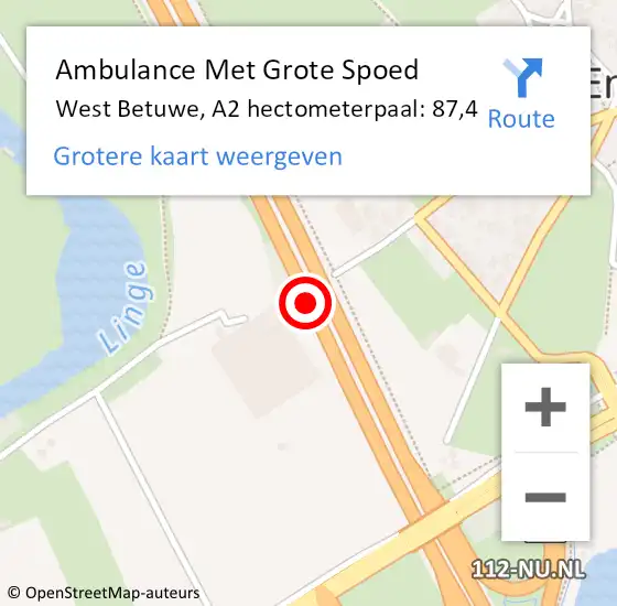 Locatie op kaart van de 112 melding: Ambulance Met Grote Spoed Naar West Betuwe, A2 hectometerpaal: 87,4 op 31 januari 2023 18:33