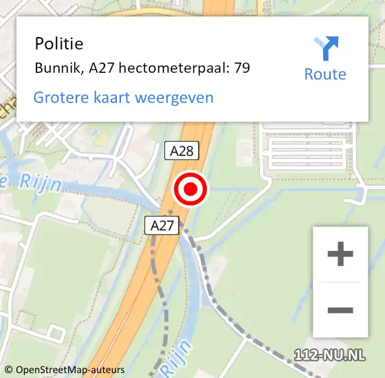 Locatie op kaart van de 112 melding: Politie Bunnik, A27 hectometerpaal: 79 op 31 januari 2023 18:40