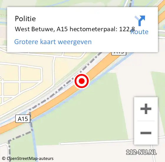 Locatie op kaart van de 112 melding: Politie West Betuwe, A15 hectometerpaal: 122,8 op 31 januari 2023 19:45