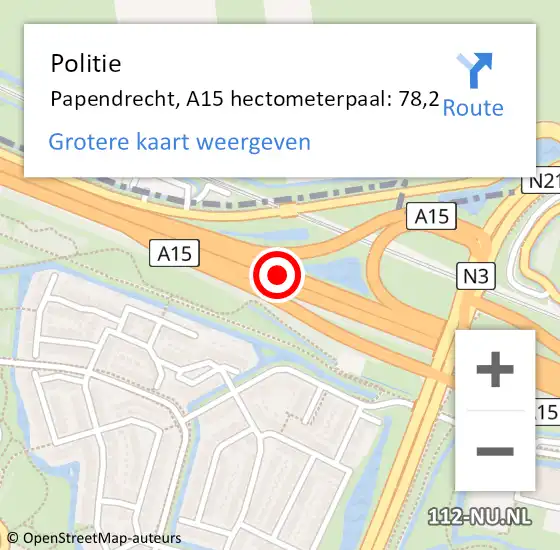 Locatie op kaart van de 112 melding: Politie Papendrecht, A15 hectometerpaal: 78,2 op 31 januari 2023 20:45