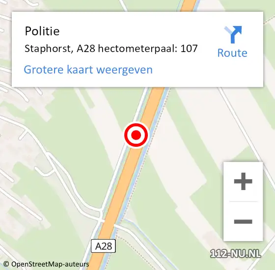 Locatie op kaart van de 112 melding: Politie Staphorst, A28 hectometerpaal: 107 op 31 januari 2023 22:06