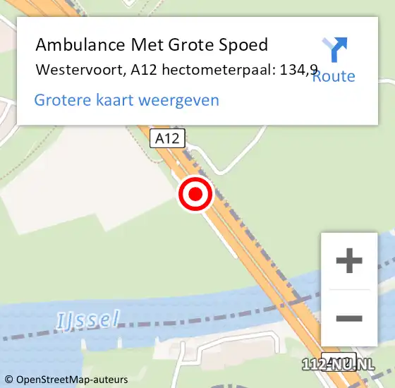 Locatie op kaart van de 112 melding: Ambulance Met Grote Spoed Naar Westervoort, A12 hectometerpaal: 134,9 op 1 februari 2023 05:02