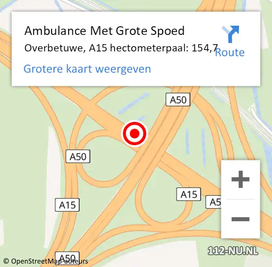Locatie op kaart van de 112 melding: Ambulance Met Grote Spoed Naar Overbetuwe, A15 hectometerpaal: 154,7 op 1 februari 2023 05:43