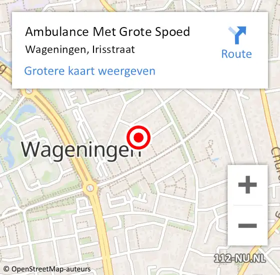 Locatie op kaart van de 112 melding: Ambulance Met Grote Spoed Naar Wageningen, Irisstraat op 1 februari 2023 08:35