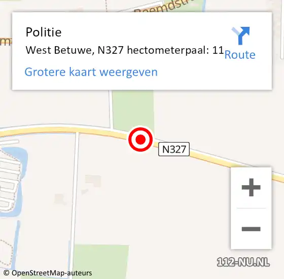 Locatie op kaart van de 112 melding: Politie West Betuwe, N327 hectometerpaal: 11 op 1 februari 2023 12:47