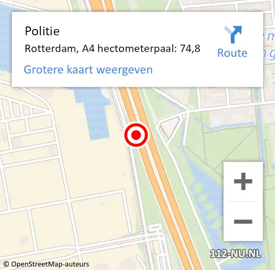 Locatie op kaart van de 112 melding: Politie Rotterdam, A4 hectometerpaal: 74,8 op 1 februari 2023 15:45