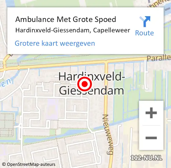 Locatie op kaart van de 112 melding: Ambulance Met Grote Spoed Naar Hardinxveld-Giessendam, Capelleweer op 1 februari 2023 17:49