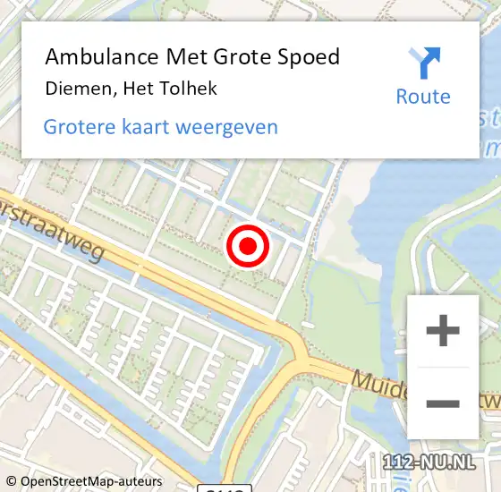 Locatie op kaart van de 112 melding: Ambulance Met Grote Spoed Naar Diemen, Het Tolhek op 1 februari 2023 18:09