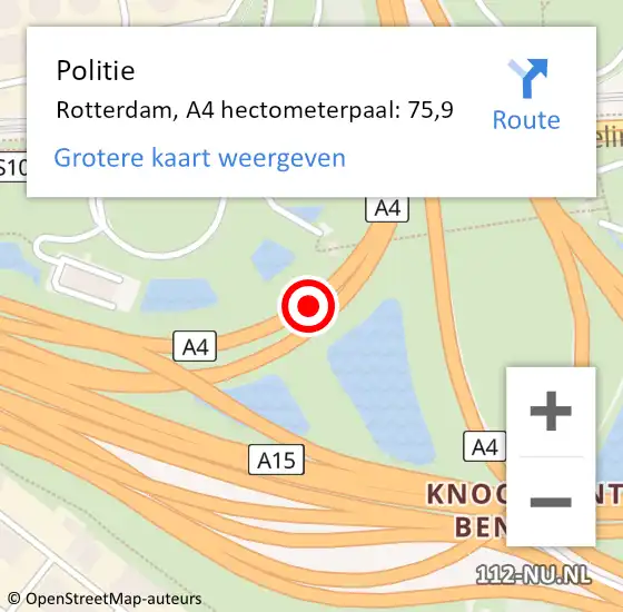 Locatie op kaart van de 112 melding: Politie Rotterdam, A4 hectometerpaal: 75,9 op 1 februari 2023 19:20