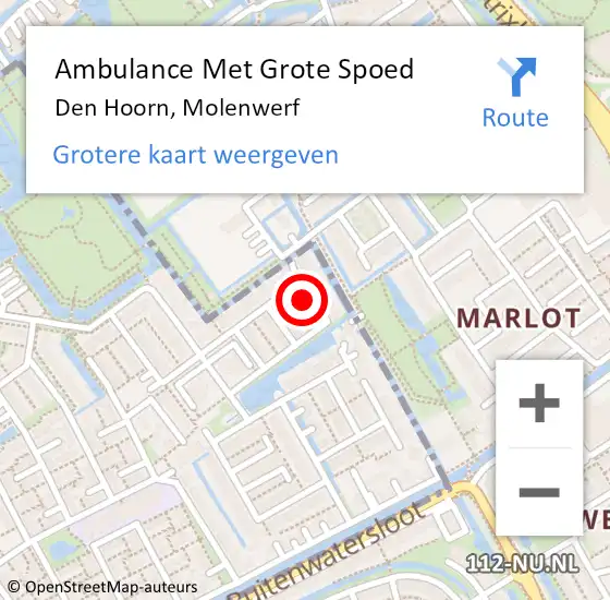 Locatie op kaart van de 112 melding: Ambulance Met Grote Spoed Naar Den Hoorn, Molenwerf op 1 februari 2023 23:25