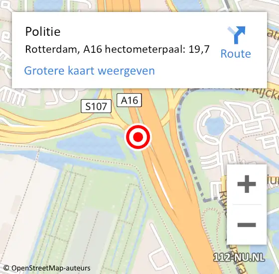 Locatie op kaart van de 112 melding: Politie Capelle aan den IJssel, A16 hectometerpaal: 19,7 op 1 februari 2023 23:56