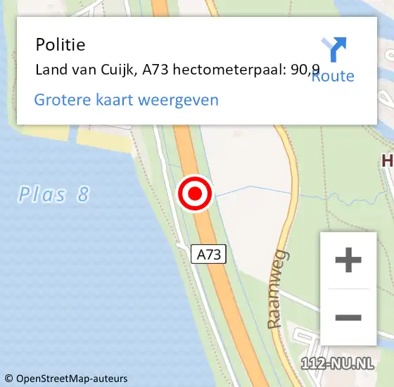 Locatie op kaart van de 112 melding: Politie Land van Cuijk, A73 hectometerpaal: 90,9 op 2 februari 2023 07:39