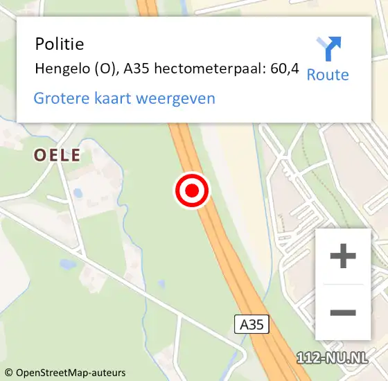 Locatie op kaart van de 112 melding: Politie Hengelo (O), A35 hectometerpaal: 60,4 op 2 februari 2023 07:53