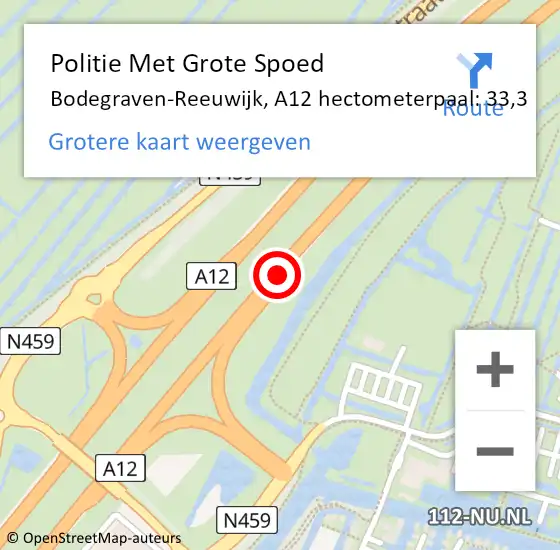 Locatie op kaart van de 112 melding: Politie Met Grote Spoed Naar Bodegraven-Reeuwijk, A12 hectometerpaal: 33,3 op 2 februari 2023 07:57