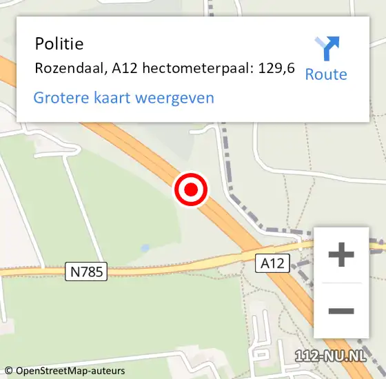 Locatie op kaart van de 112 melding: Politie Rozendaal, A12 hectometerpaal: 129,6 op 2 februari 2023 07:58