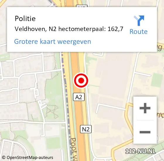 Locatie op kaart van de 112 melding: Politie Veldhoven, N2 hectometerpaal: 162,7 op 2 februari 2023 08:02