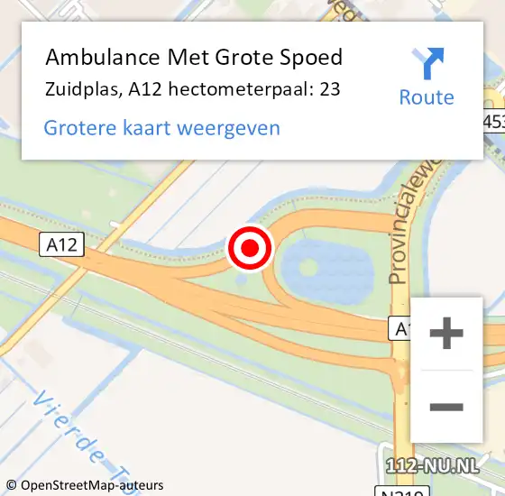 Locatie op kaart van de 112 melding: Ambulance Met Grote Spoed Naar Zuidplas, A12 hectometerpaal: 23 op 2 februari 2023 08:09