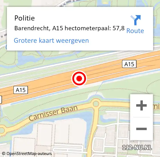 Locatie op kaart van de 112 melding: Politie Barendrecht, A15 hectometerpaal: 57,8 op 2 februari 2023 08:43