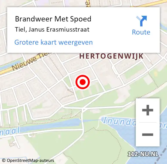 Locatie op kaart van de 112 melding: Brandweer Met Spoed Naar Tiel, Janus Erasmiusstraat op 2 februari 2023 10:18